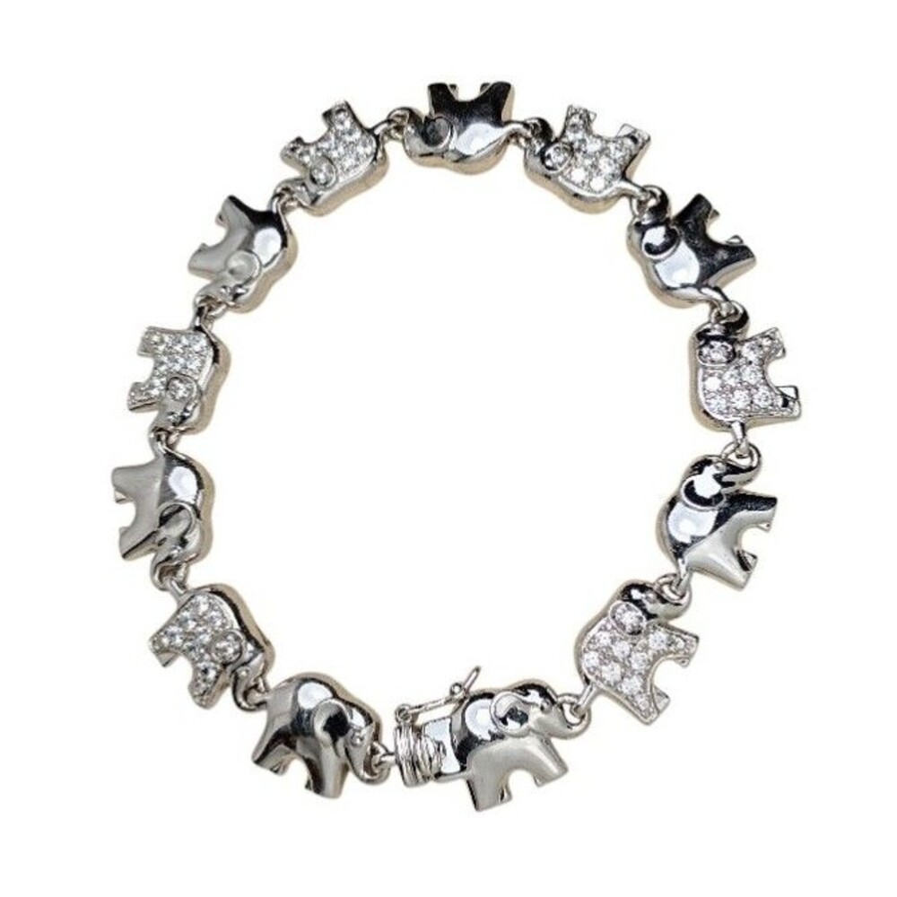 PAJ 925 Sterling Silver RP White CZ Elephant Link Bracelet
